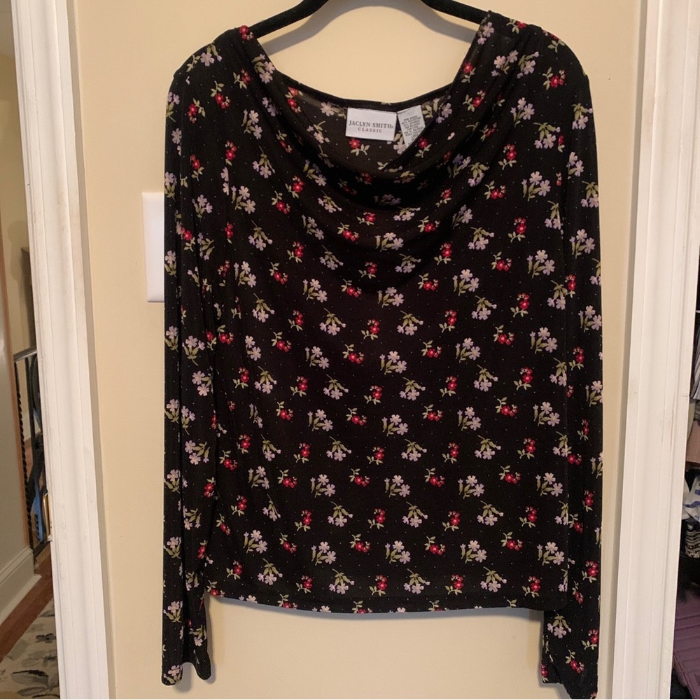 Jaclyn Smith Womens Blouse Black Floral Long Sleeve Cowl Neck Pullover Size L